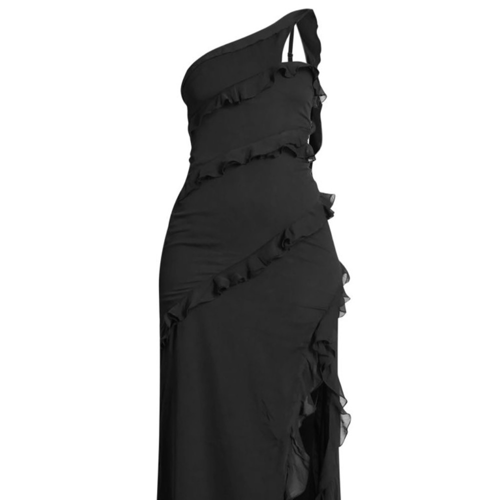 NWT PrettyLittleThing Tall Black One Shoulder Ruffle Maxi Dress Formal Evening - Picture 4 of 13